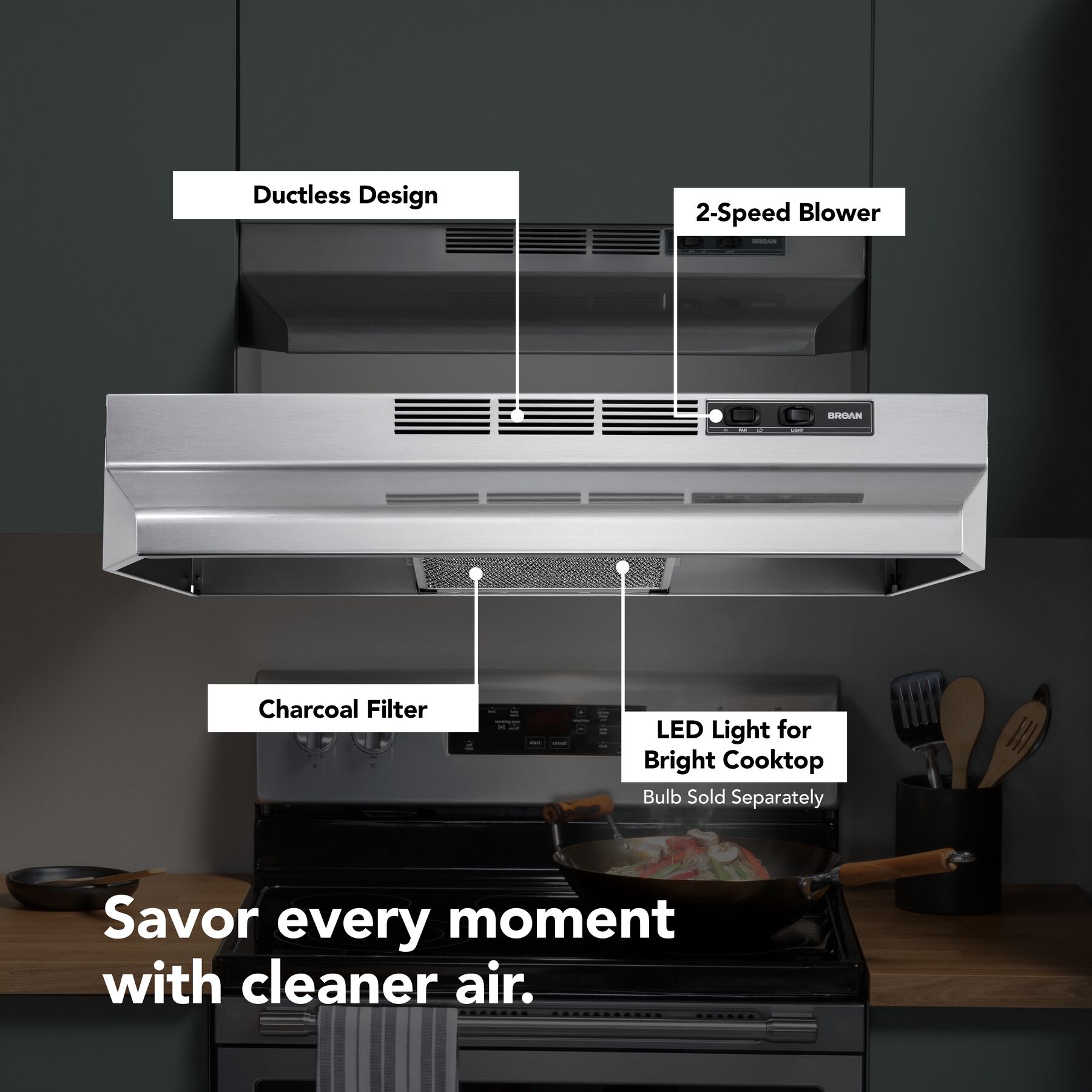 30Inch Ductless UnderCabinet Range Hood, Stainless Finish with PrintGuard view 2