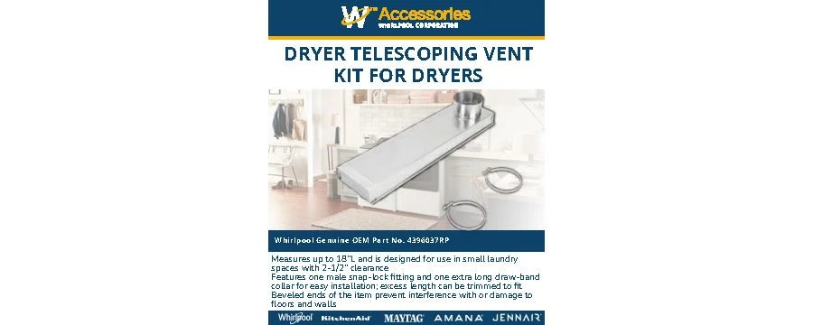 0"-18" Dryer Telescoping Vent Periscope for 2.5" clearance, with 1 male snap-lock fitting, draw-band collar & 2 clamps. 4396037RP