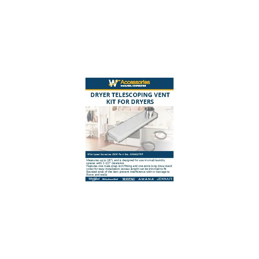 0"-18" Dryer Telescoping Vent Periscope for 2.5" clearance, with 1 male snap-lock fitting, draw-band collar & 2 clamps. 4396037RP