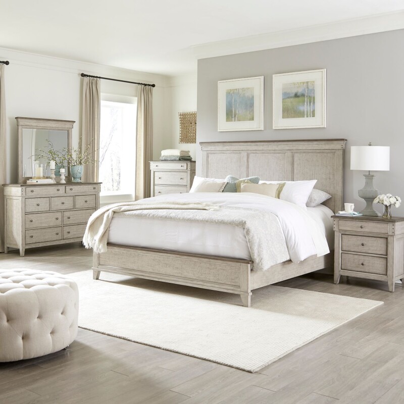 Ivy Hollow King Panel Bed, Dresser & Mirror, Chest, Night Stand 457BRKPBDMCN