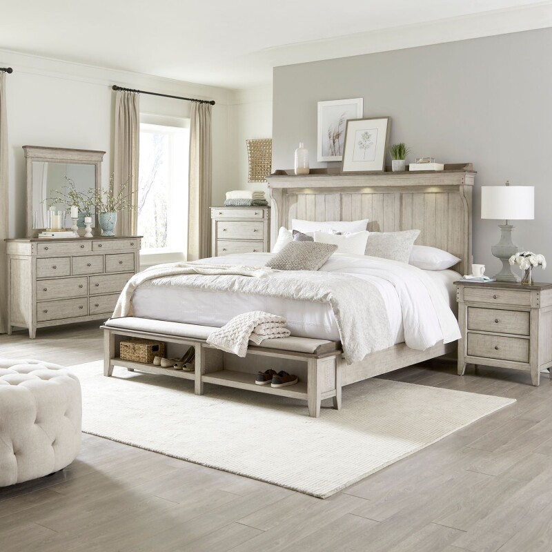 Ivy Hollow Queen Mantle Storage Bed, Dresser & Mirror, Chest, Night Stand 457BRQMSDMCN