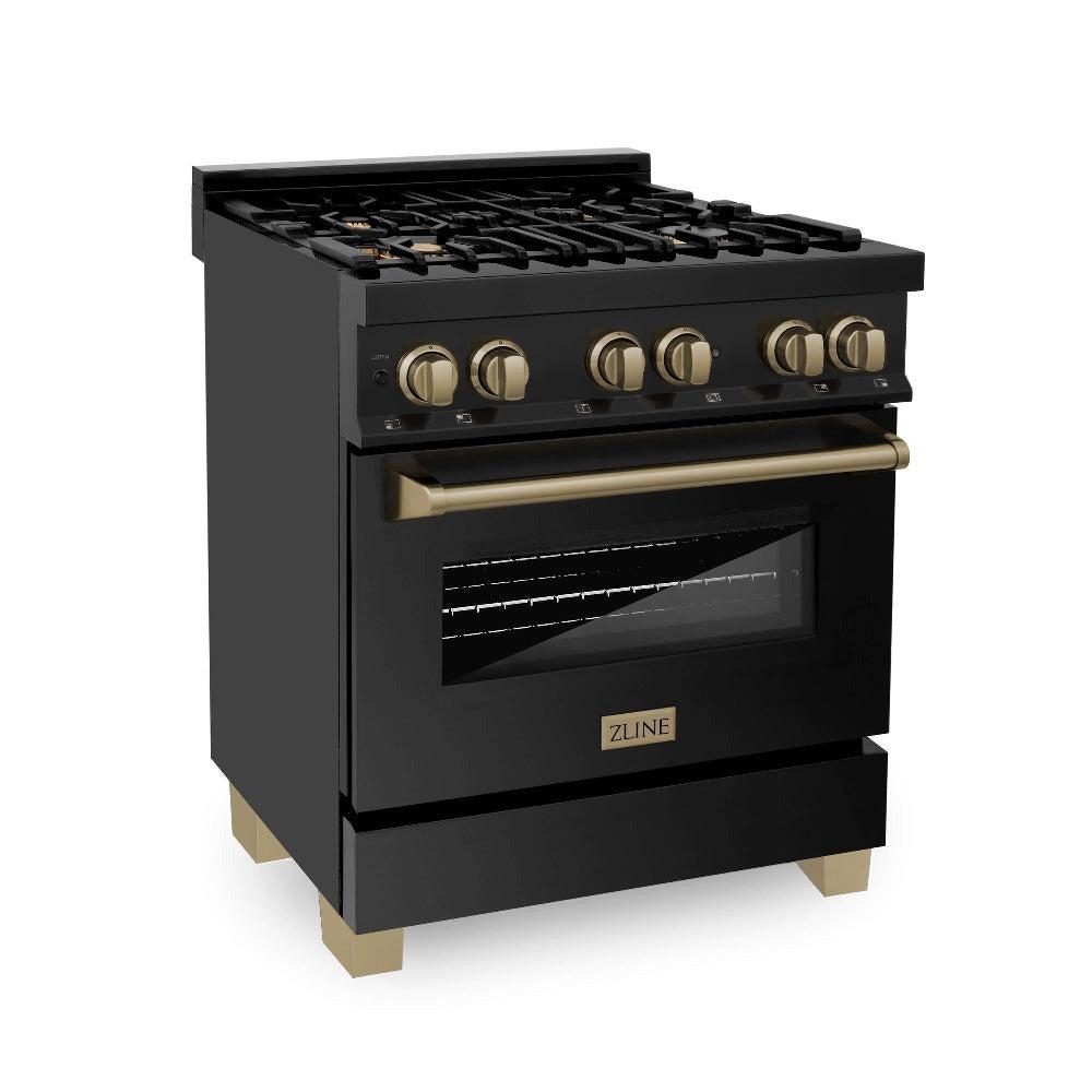 Autograph Edition 30 in. Kitchen Package with Black Stainless Steel Dual Fuel Range, Range Hood, Dishwasher, and Refrigerator with External Water Dispenser with Champagne Bronze Accents 4AKPRRABRHDWV30CB