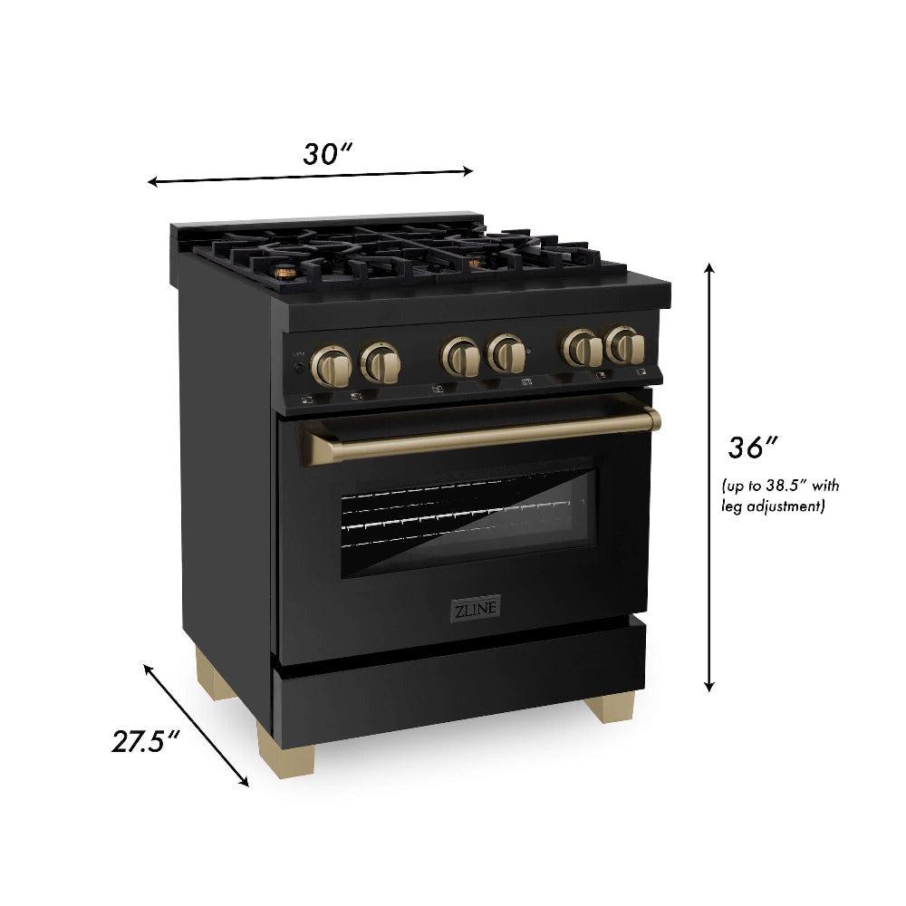 Autograph Edition 30 in. Kitchen Package with Black Stainless Steel Dual Fuel Range, Range Hood, Dishwasher, and Refrigerator with External Water Dispenser with Champagne Bronze Accents 4AKPRRABRHDWV30CB