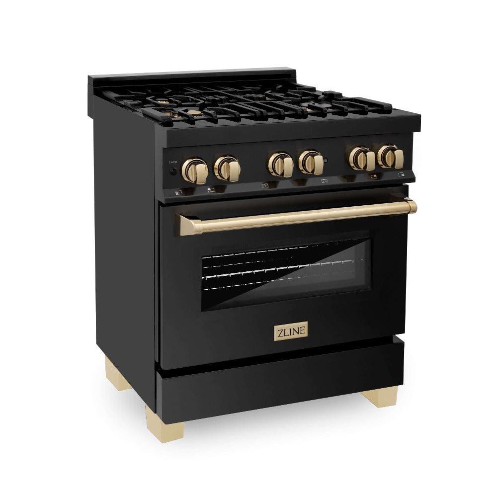 Autograph Edition 30 in. Kitchen Package with Black Stainless Steel Dual Fuel Range, Range Hood, Dishwasher, and Refrigerator with External Water Dispenser with Polished Gold Accents 4AKPRRABRHDWV30G