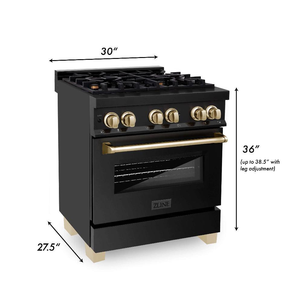 Autograph Edition 30 in. Kitchen Package with Black Stainless Steel Dual Fuel Range, Range Hood, Dishwasher, and Refrigerator with External Water Dispenser with Polished Gold Accents 4AKPRRABRHDWV30G