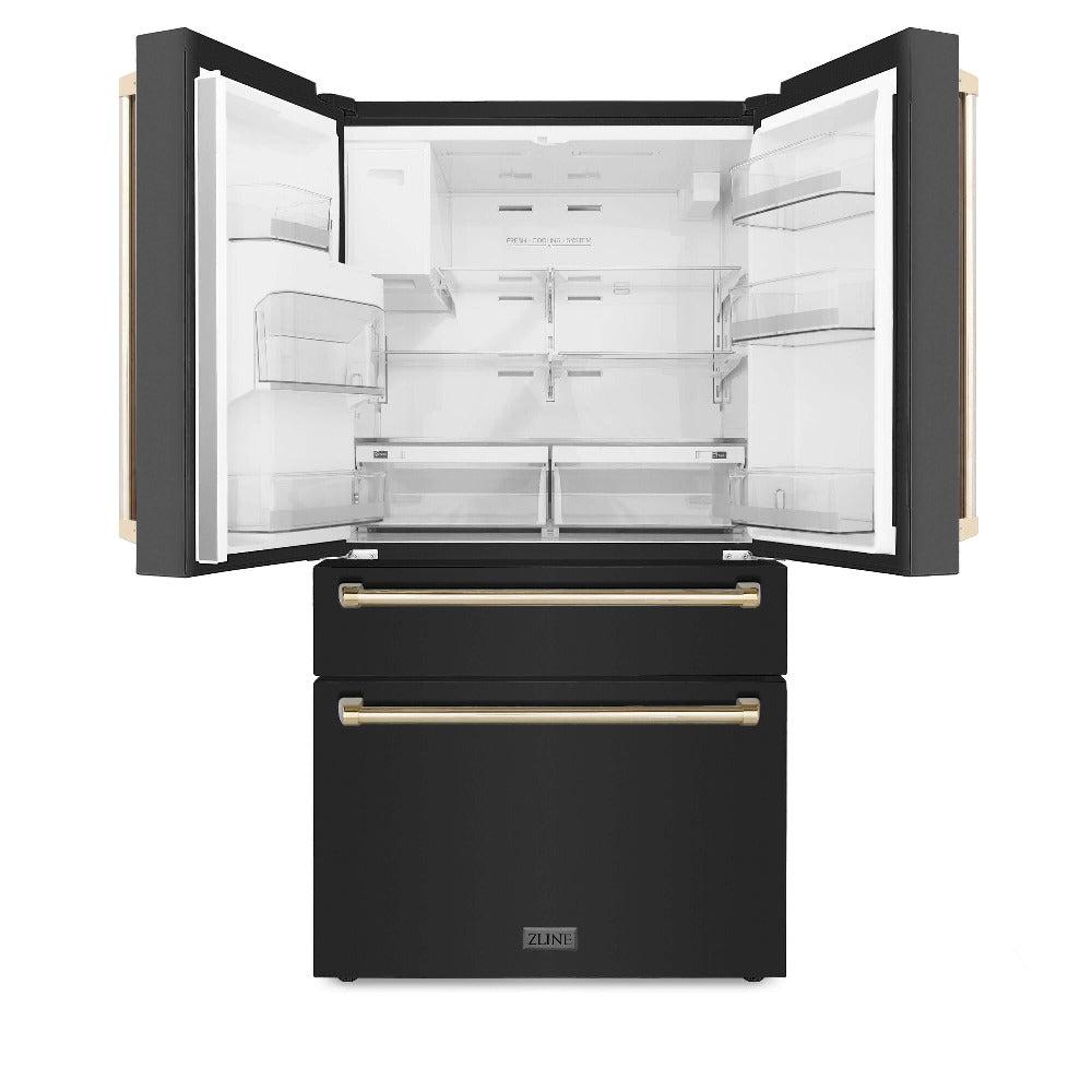 Autograph Edition 30 in. Kitchen Package with Black Stainless Steel Dual Fuel Range, Range Hood, Dishwasher, and Refrigerator with External Water Dispenser with Polished Gold Accents 4AKPRRABRHDWV30G