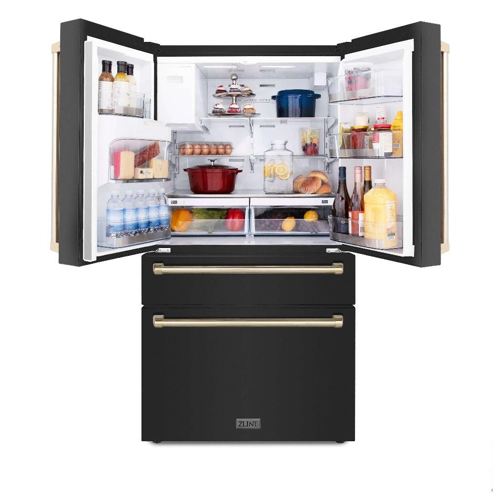 Autograph Edition 30 in. Kitchen Package with Black Stainless Steel Dual Fuel Range, Range Hood, Dishwasher, and Refrigerator with External Water Dispenser with Polished Gold Accents 4AKPRRABRHDWV30G