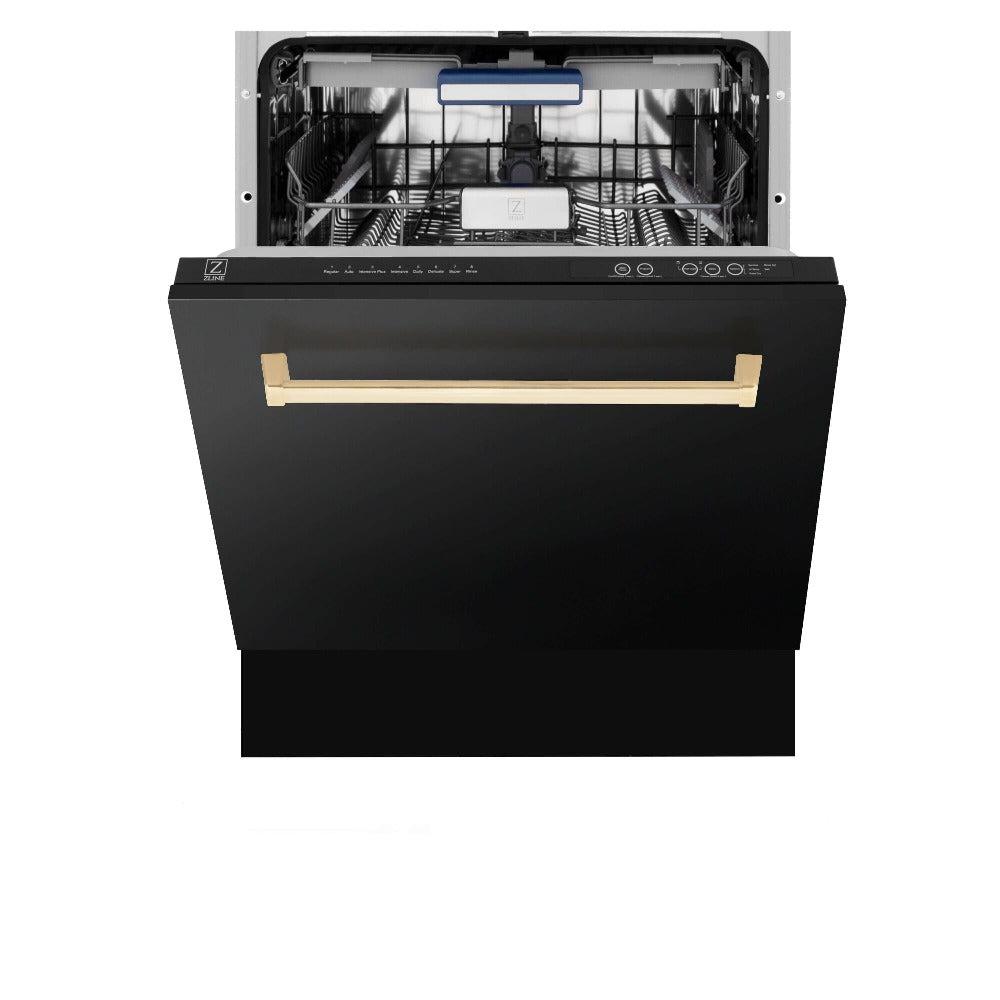 Autograph Edition 30 in. Kitchen Package with Black Stainless Steel Dual Fuel Range, Range Hood, Dishwasher, and Refrigerator with External Water Dispenser with Polished Gold Accents 4AKPRRABRHDWV30G