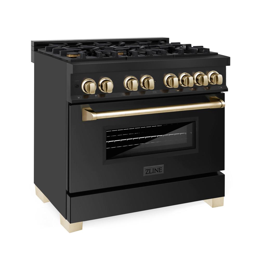 Autograph Edition 36 in. Kitchen Package with Black Stainless Steel Dual Fuel Range, Range Hood, Dishwasher and Refrigerator with Polished Gold Accents 4AKPRRABRHDWV36G