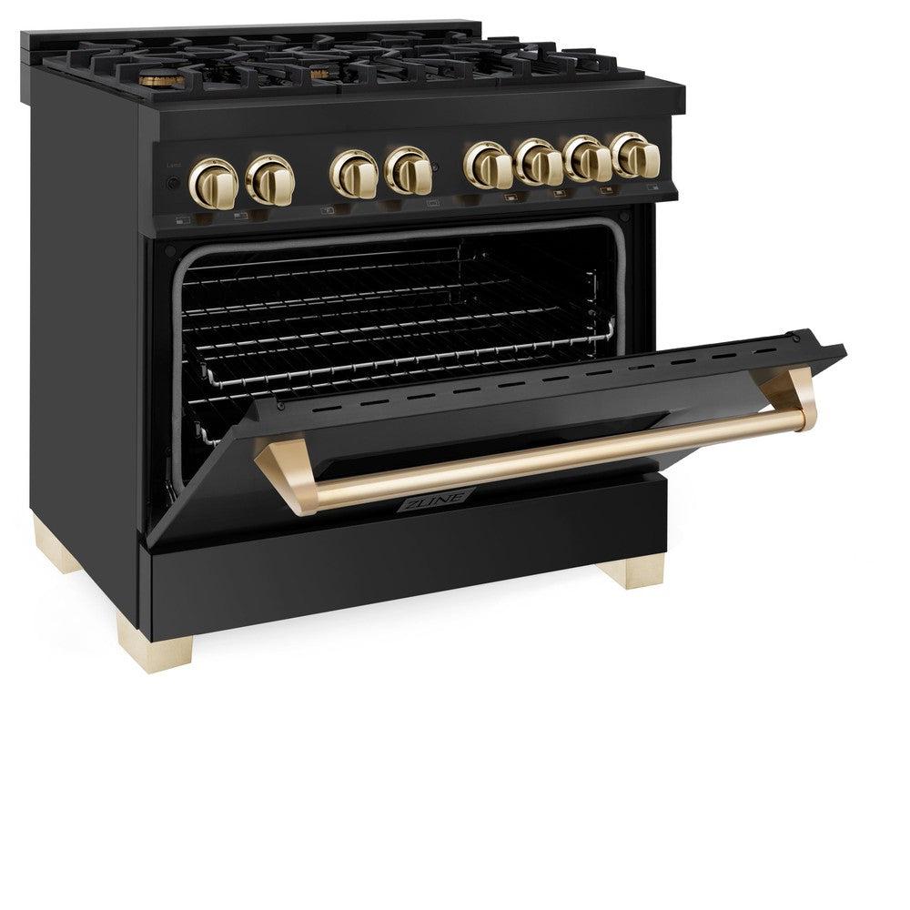 Autograph Edition 36 in. Kitchen Package with Black Stainless Steel Dual Fuel Range, Range Hood, Dishwasher and Refrigerator with Polished Gold Accents 4AKPRRABRHDWV36G