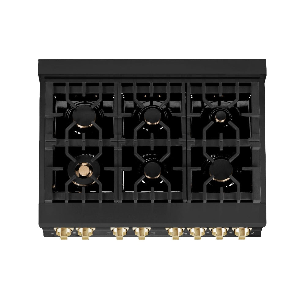 Autograph Edition 36 in. Kitchen Package with Black Stainless Steel Dual Fuel Range, Range Hood, Dishwasher and Refrigerator with Polished Gold Accents 4AKPRRABRHDWV36G