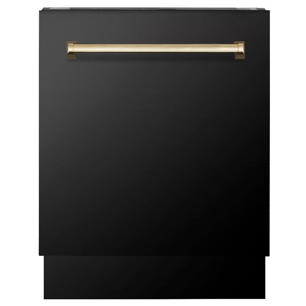 Autograph Edition 36 in. Kitchen Package with Black Stainless Steel Dual Fuel Range, Range Hood, Dishwasher and Refrigerator with Polished Gold Accents 4AKPRRABRHDWV36G