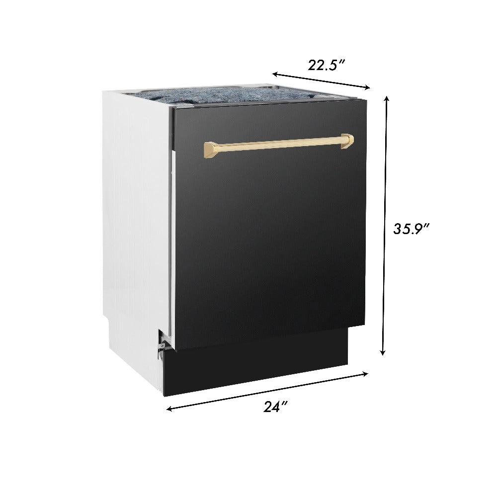 Autograph Edition 36 in. Kitchen Package with Black Stainless Steel Dual Fuel Range, Range Hood, Dishwasher and Refrigerator with Polished Gold Accents 4AKPRRABRHDWV36G