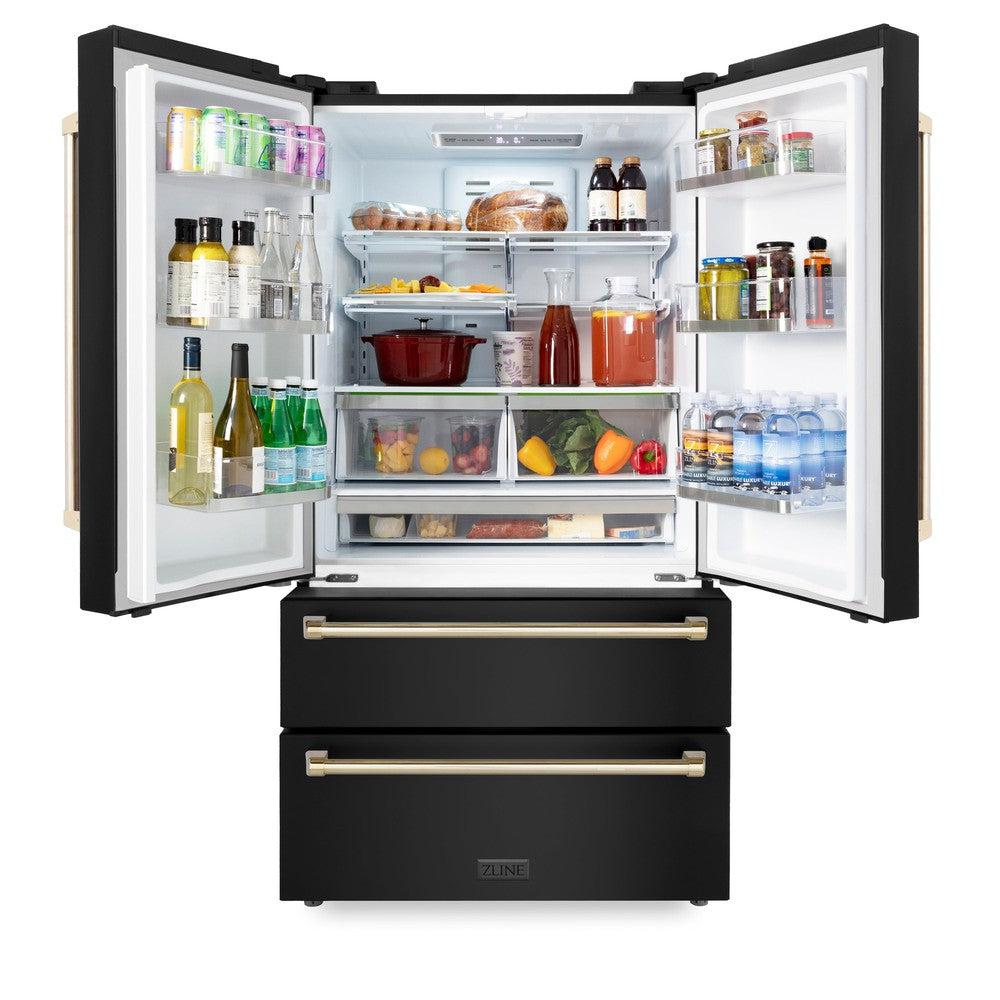 Autograph Edition 36 in. Kitchen Package with Black Stainless Steel Dual Fuel Range, Range Hood, Dishwasher and Refrigerator with Polished Gold Accents 4AKPRRABRHDWV36G