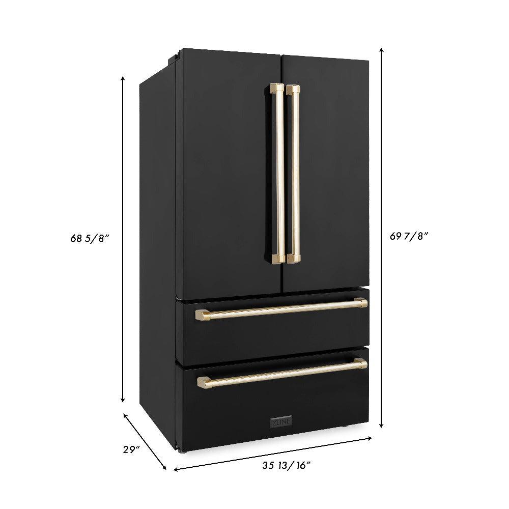 Autograph Edition 36 in. Kitchen Package with Black Stainless Steel Dual Fuel Range, Range Hood, Dishwasher and Refrigerator with Polished Gold Accents 4AKPRRABRHDWV36G