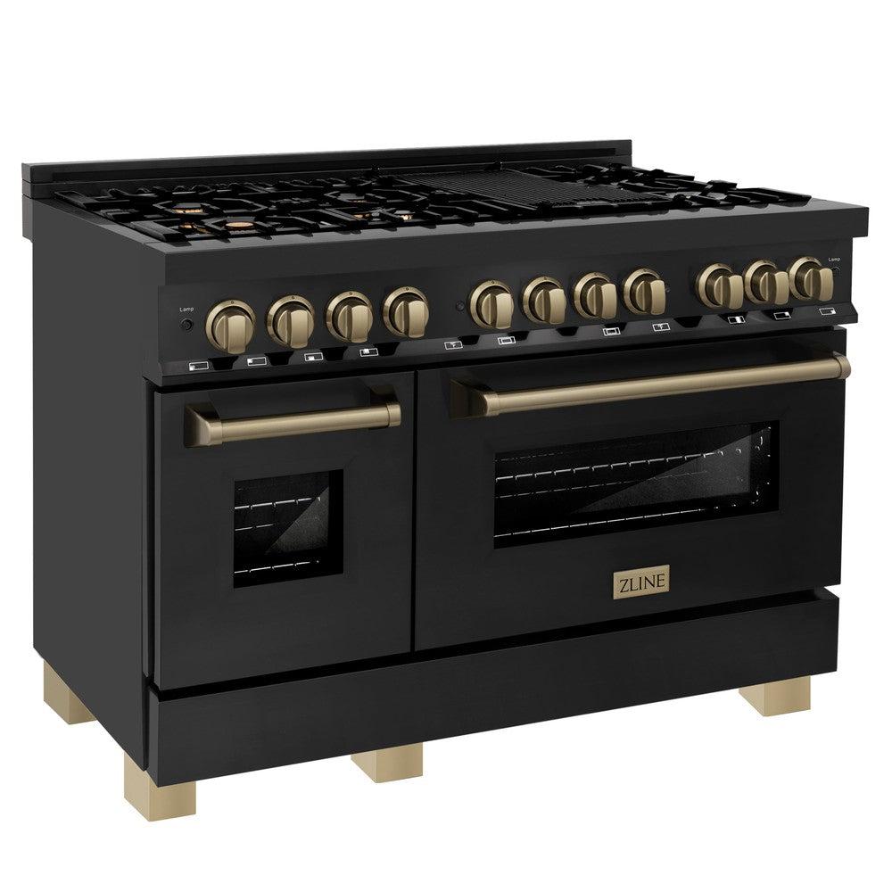 Autograph Edition 48 in. Kitchen Package with Black Stainless Steel Dual Fuel Range, Range Hood, Dishwasher and Refrigerator with Champagne Bronze Accents 4AKPRRABRHDWV48CB
