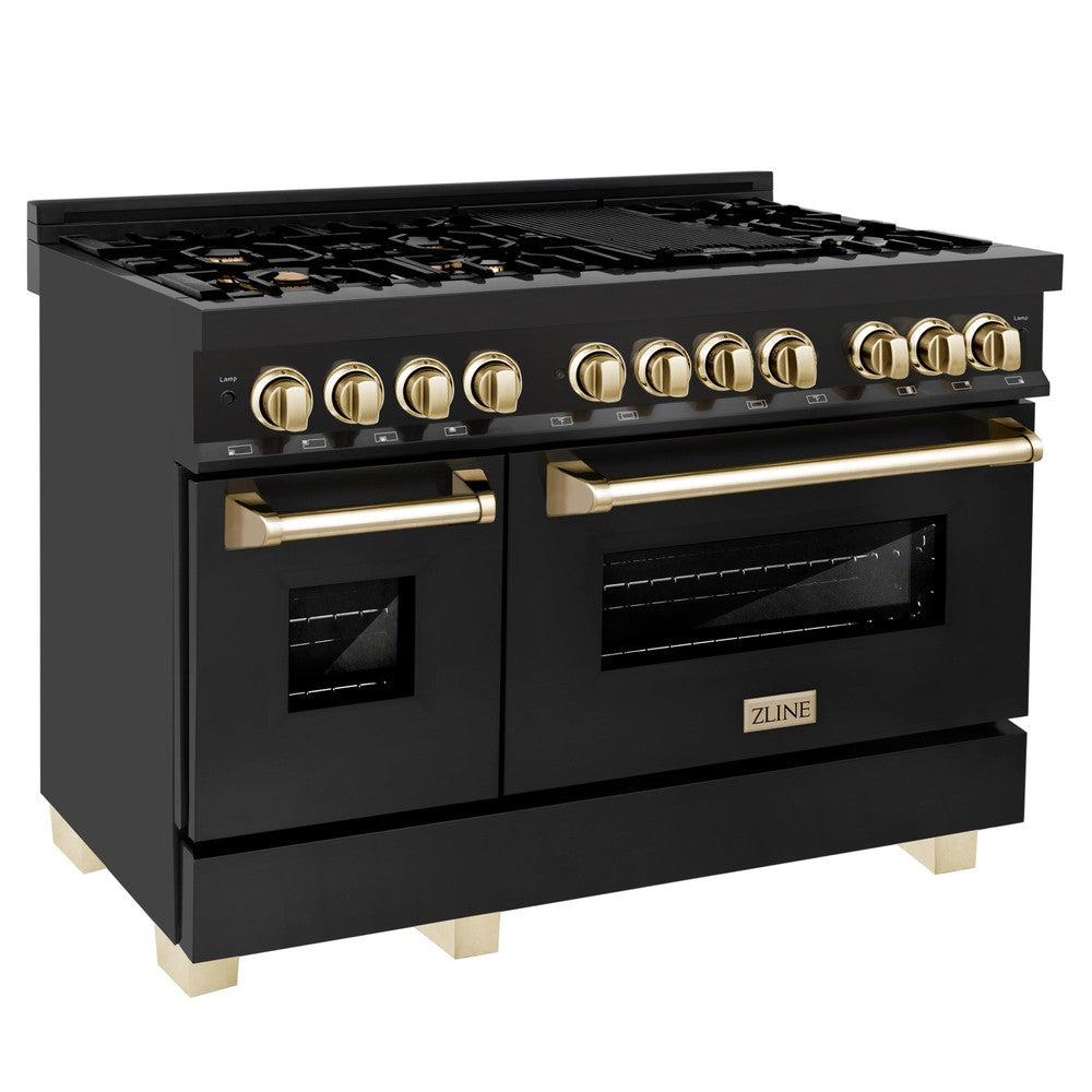 Autograph Edition 48 in. Kitchen Package with Black Stainless Steel Dual Fuel Range, Range Hood, Dishwasher and Refrigerator Including External Water Dispenser with Polished Gold Accents 4AKPRRABRHDWV48G