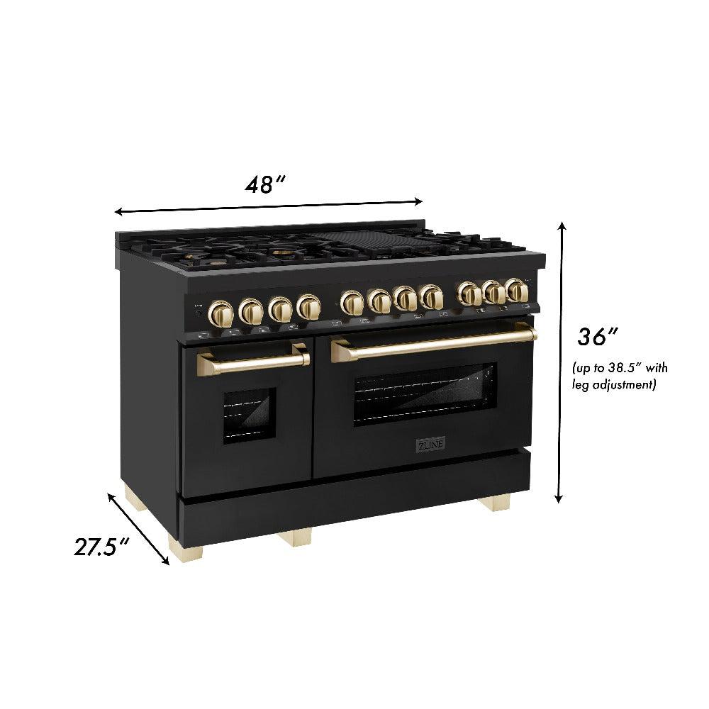 Autograph Edition 48 in. Kitchen Package with Black Stainless Steel Dual Fuel Range, Range Hood, Dishwasher and Refrigerator Including External Water Dispenser with Polished Gold Accents 4AKPRRABRHDWV48G