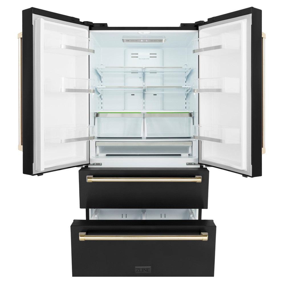 Autograph Edition 48 in. Kitchen Package with Black Stainless Steel Dual Fuel Range, Range Hood, Dishwasher and Refrigerator Including External Water Dispenser with Polished Gold Accents 4AKPRRABRHDWV48G