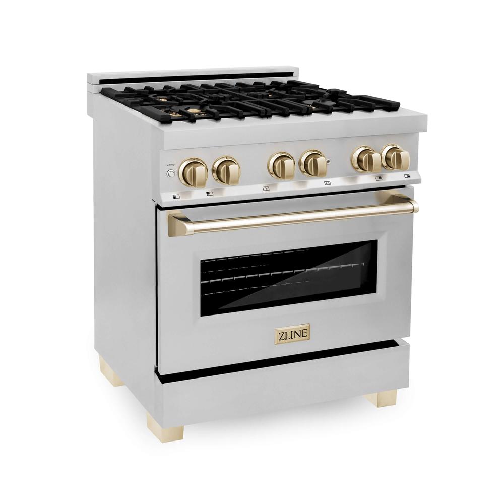 Autograph Edition 30 in. Kitchen Package with Stainless Steel Dual Fuel Range, Range Hood, Dishwasher, and Refrigerator with External Water Dispenser with Polished Gold Accents 4AKPRRARHDWM30G, product image 2 of 27