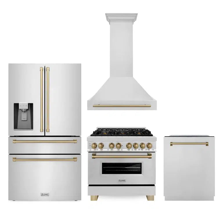 Autograph Edition 36 in. Kitchen Package with Stainless Steel Dual Fuel Range, Range Hood, Dishwasher and Refrigerator Including External Water Dispenser with Champagne Bronze Accents 4AKPRRA