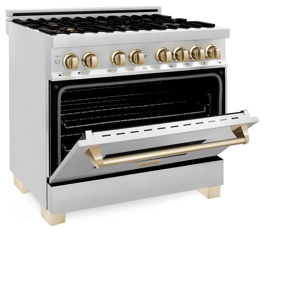 Autograph Edition 36 in. Kitchen Package with Stainless Steel Dual Fuel Range, Range Hood, Dishwasher and Refrigerator Including External Water Dispenser with Polished Gold Accents 4AKPRRARHDWM36G, product image 5 of 28