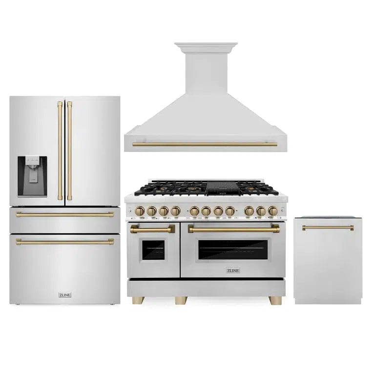 Autograph Edition 48 in. Kitchen Package with Stainless Steel Dual Fuel Range, Range Hood, Dishwasher and Refrigerator Including External Water Dispenser with Champagne Bronze Accents 4AKPRRA