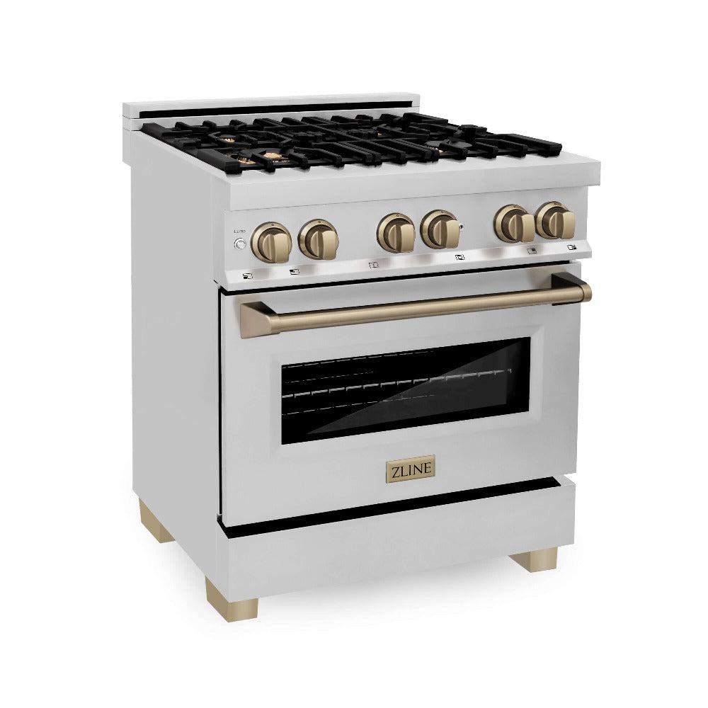 Autograph Edition 30 in. Kitchen Package with Stainless Steel Dual Fuel Range, Range Hood, Dishwasher and Refrigerator with Champagne Bronze Accents 4KAPRRARHDWM30CB
