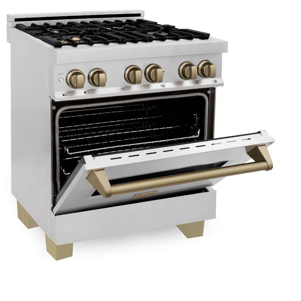 Autograph Edition 30 in. Kitchen Package with Stainless Steel Dual Fuel Range, Range Hood, Dishwasher and Refrigerator with Champagne Bronze Accents 4KAPRRARHDWM30CB