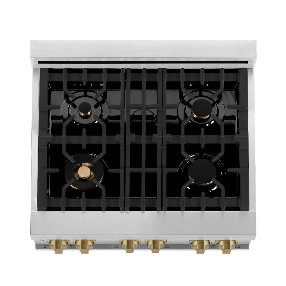 Autograph Edition 30 in. Kitchen Package with Stainless Steel Dual Fuel Range, Range Hood, Dishwasher and Refrigerator with Champagne Bronze Accents 4KAPRRARHDWM30CB