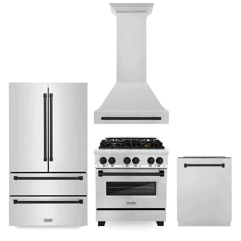 Autograph Edition 30 in. Kitchen Package with Stainless Steel Dual Fuel Range, Range Hood, Dishwasher and Refrigerator with Matte Black Accents 4KAPRRARHDWM30MB