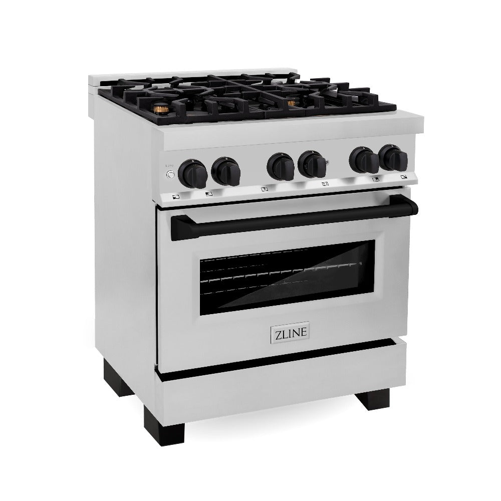 Autograph Edition 30 in. Kitchen Package with Stainless Steel Dual Fuel Range, Range Hood, Dishwasher and Refrigerator with Matte Black Accents 4KAPRRARHDWM30MB