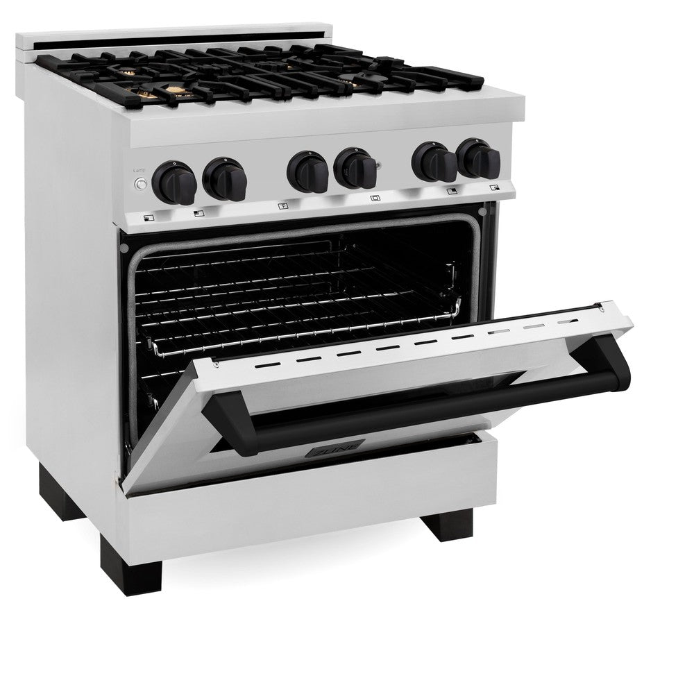 Autograph Edition 30 in. Kitchen Package with Stainless Steel Dual Fuel Range, Range Hood, Dishwasher and Refrigerator with Matte Black Accents 4KAPRRARHDWM30MB