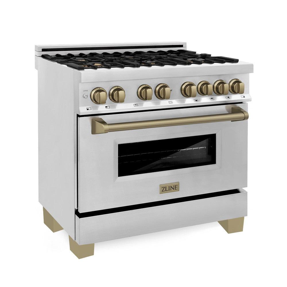 Autograph Edition 36 in. Kitchen Package with Stainless Steel Dual Fuel Range, Range Hood, Dishwasher and Refrigerator with Champagne Bronze Accents 4KAPRRARHDWM36CB
