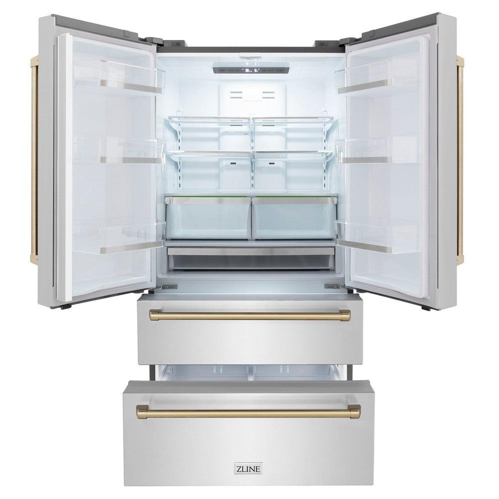 Autograph Edition 36 in. Kitchen Package with Stainless Steel Dual Fuel Range, Range Hood, Dishwasher and Refrigerator with Champagne Bronze Accents 4KAPRRARHDWM36CB