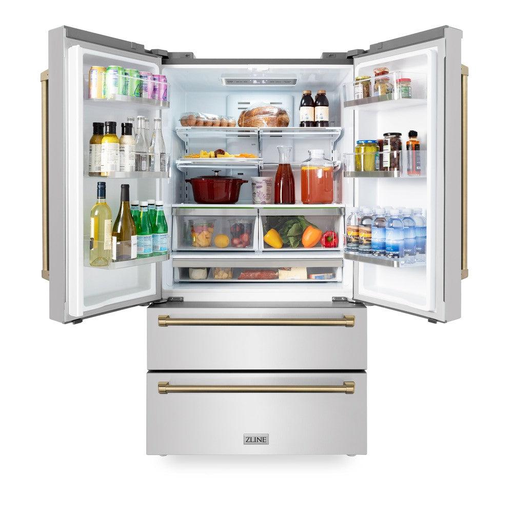 Autograph Edition 36 in. Kitchen Package with Stainless Steel Dual Fuel Range, Range Hood, Dishwasher and Refrigerator with Champagne Bronze Accents 4KAPRRARHDWM36CB