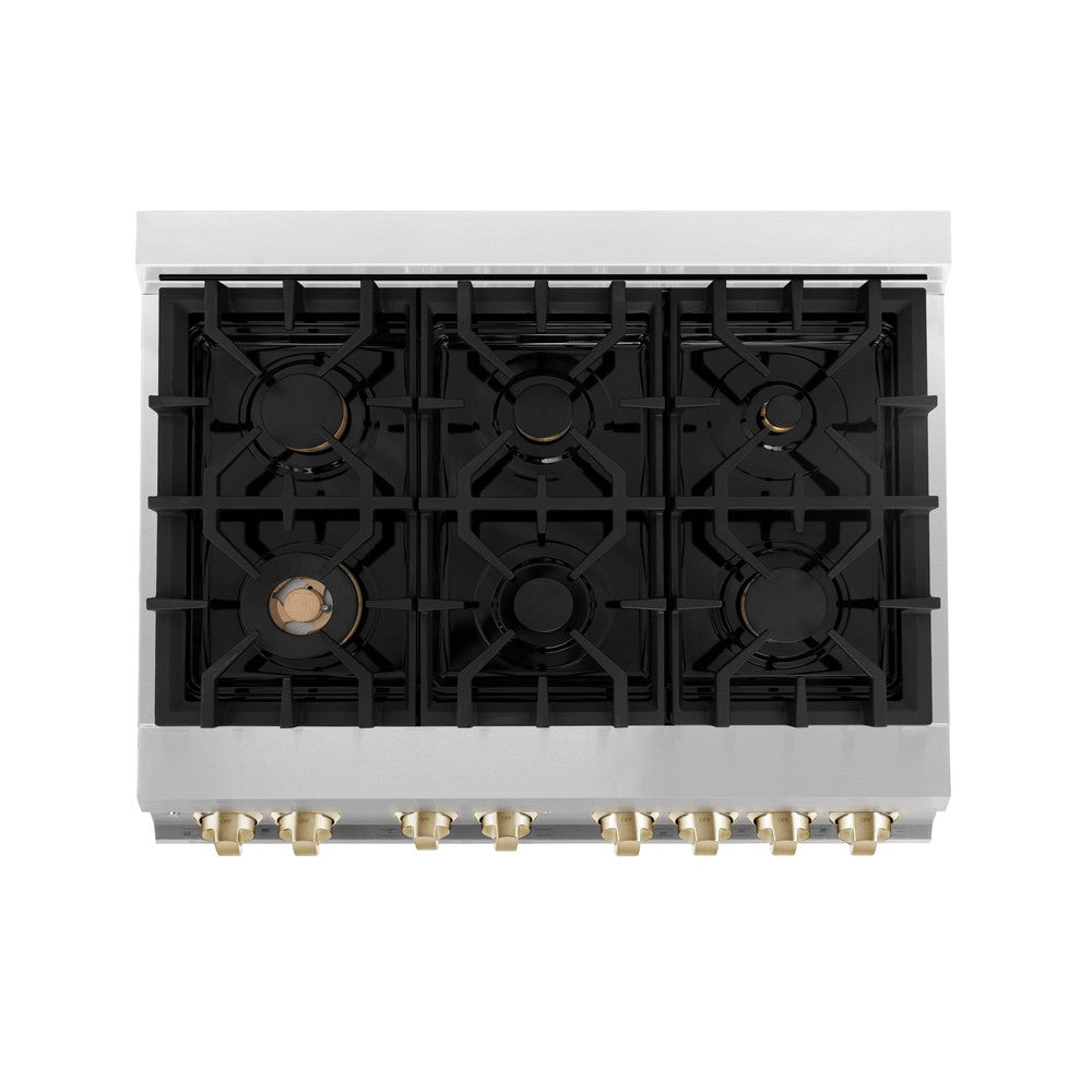 Autograph Edition 36 in. Kitchen Package with Stainless Steel Dual Fuel Range, Range Hood, Dishwasher and Refrigerator with Polished Gold Accents 4KAPRRARHDWM36G