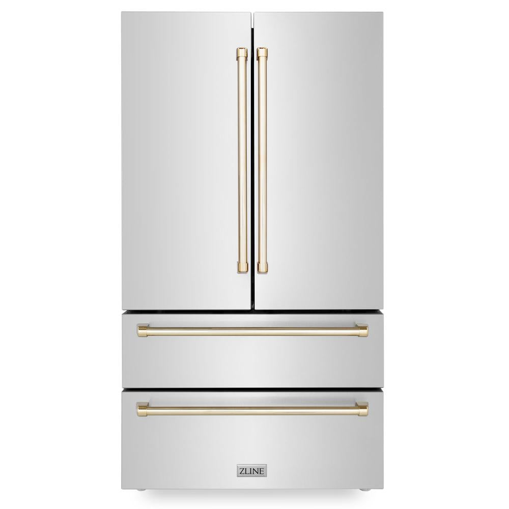 Autograph Edition 36 in. Kitchen Package with Stainless Steel Dual Fuel Range, Range Hood, Dishwasher and Refrigerator with Polished Gold Accents 4KAPRRARHDWM36G