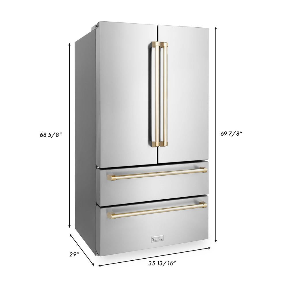 Autograph Edition 36 in. Kitchen Package with Stainless Steel Dual Fuel Range, Range Hood, Dishwasher and Refrigerator with Polished Gold Accents 4KAPRRARHDWM36G