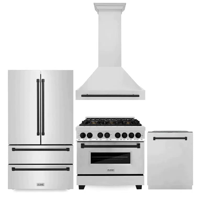 Autograph Edition 36 in. Kitchen Package with Stainless Steel Dual Fuel Range, Range Hood, Dishwasher and Refrigerator with Matte Black Accents 4KAPRRARHDWM36MB