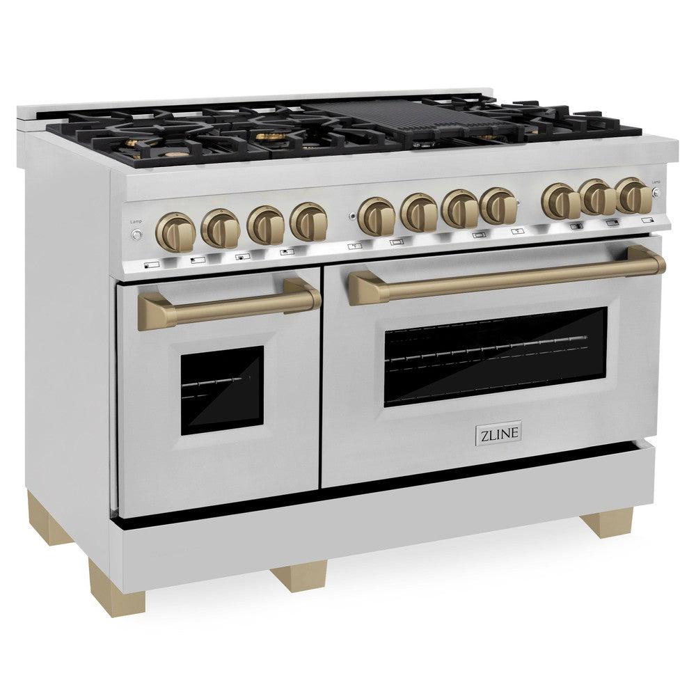 Autograph Edition 48 in. Kitchen Package with Stainless Steel Dual Fuel Range, Range Hood, Dishwasher and Refrigerator with Champagne Bronze Accents 4KAPRRARHDWM48CB