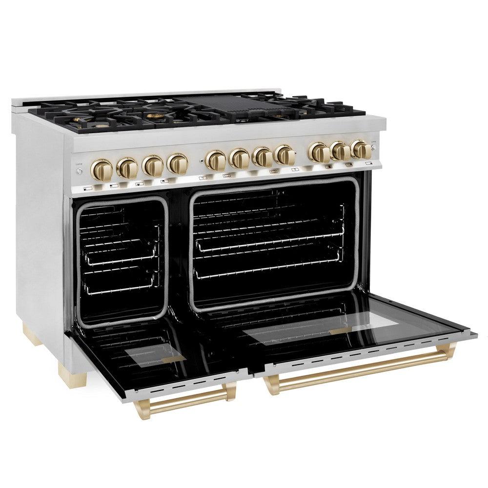 Autograph Edition 48 in. Kitchen Package with Stainless Steel Dual Fuel Range, Range Hood, Dishwasher and Refrigerator with Polished Gold Accents 4KAPRRARHDWM48G