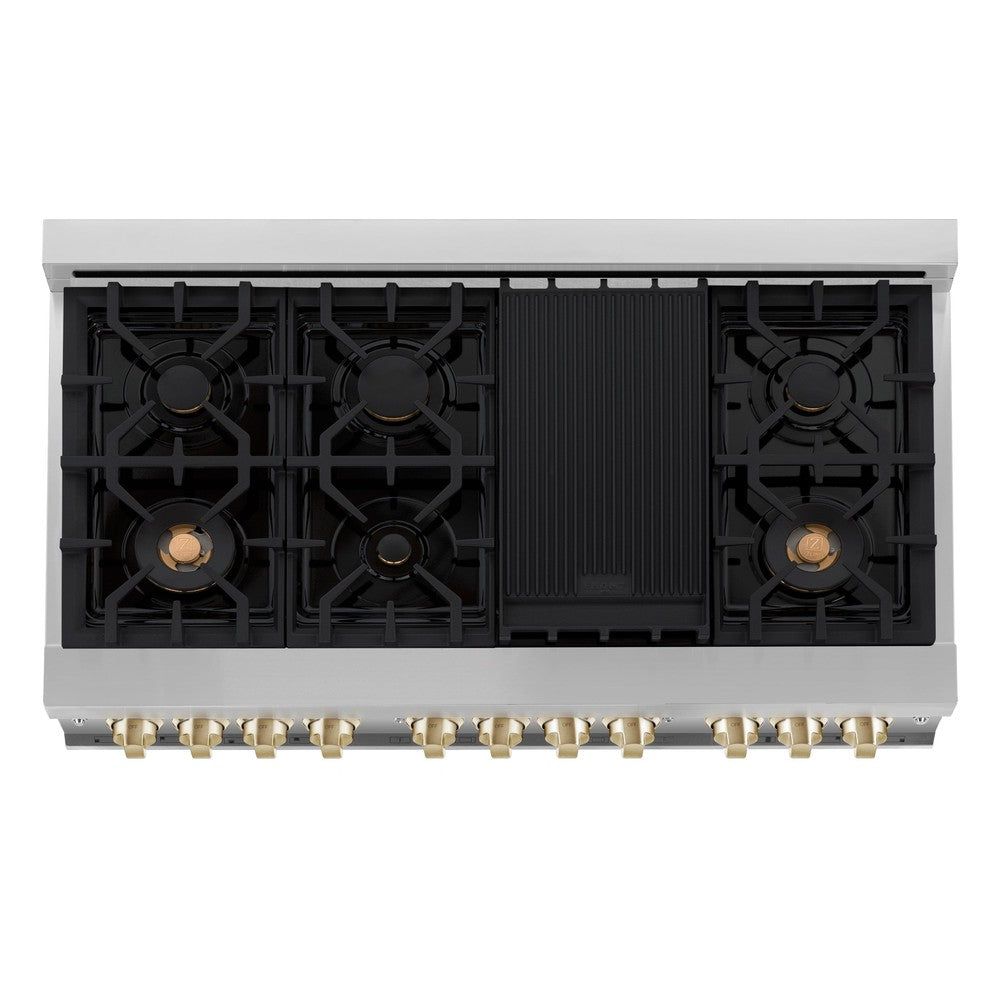 Autograph Edition 48 in. Kitchen Package with Stainless Steel Dual Fuel Range, Range Hood, Dishwasher and Refrigerator with Polished Gold Accents 4KAPRRARHDWM48G