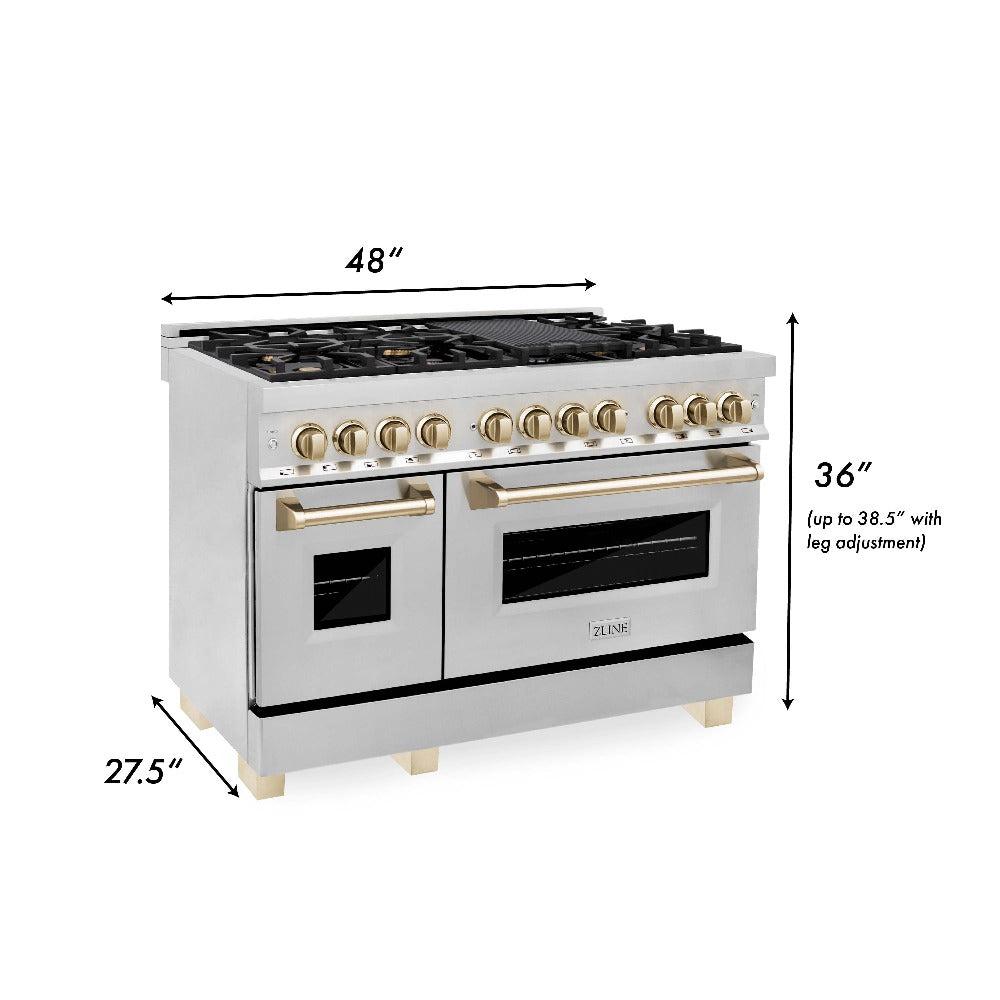 Autograph Edition 48 in. Kitchen Package with Stainless Steel Dual Fuel Range, Range Hood, Dishwasher and Refrigerator with Polished Gold Accents 4KAPRRARHDWM48G