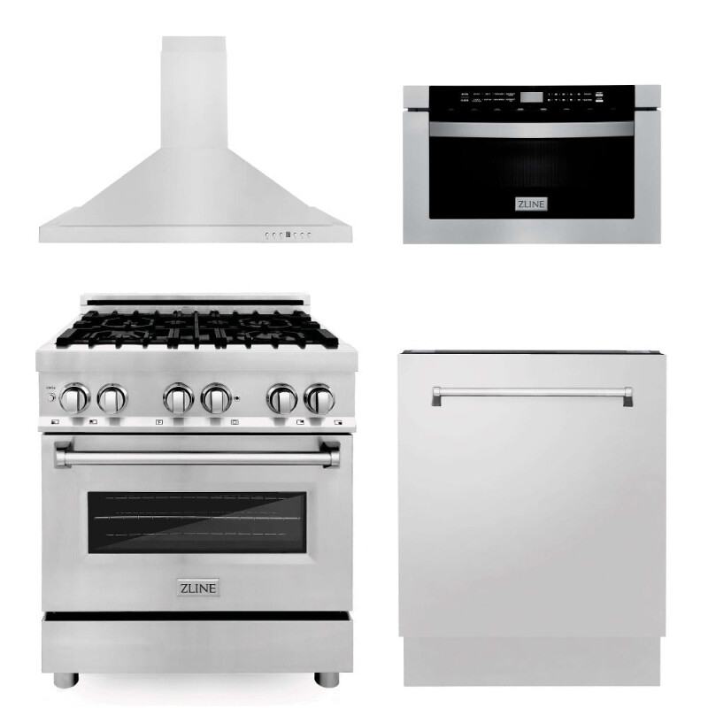 30 in. Kitchen Package with Stainless Steel Dual Fuel Range, Range Hood, Microwave Drawer and Classic Dishwasher 4KPRARH30MWDW