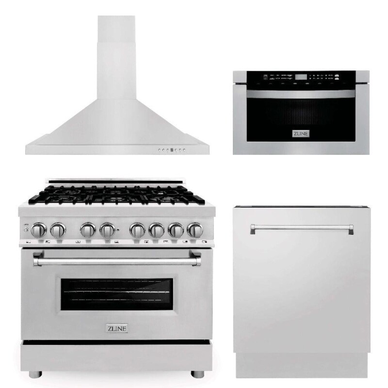 36 in. Kitchen Package with Stainless Steel Dual Fuel Range, Range Hood, Microwave Drawer and Classic Dishwasher 4KPRARH36MWDW