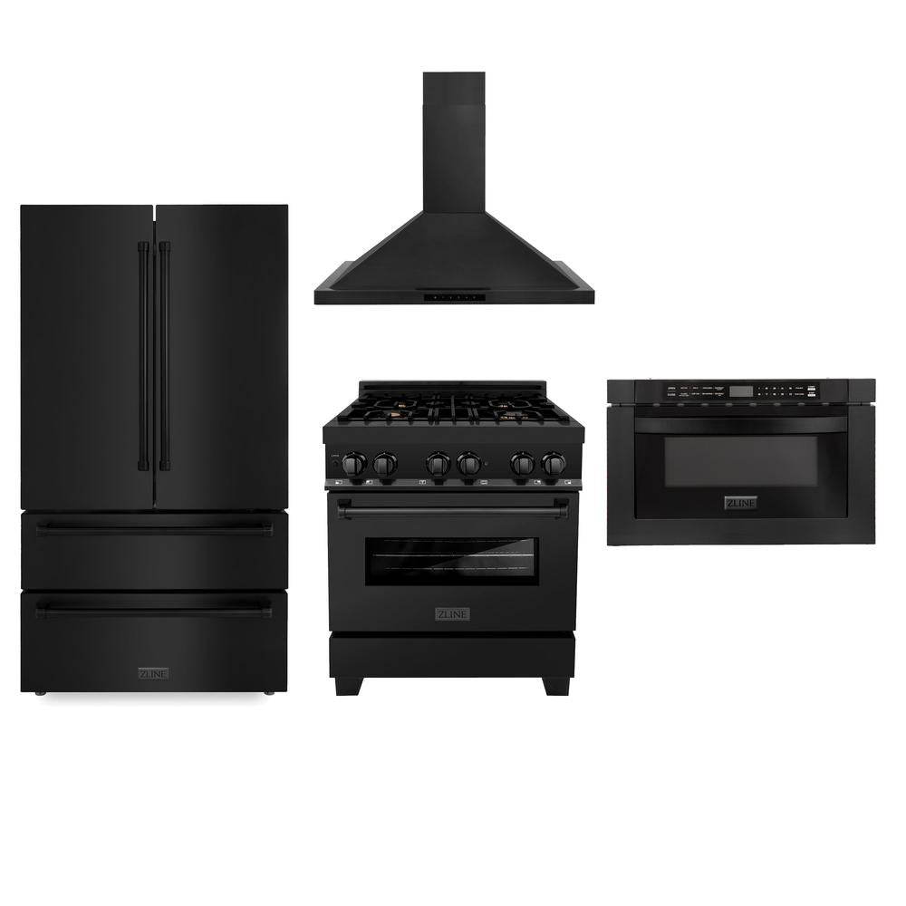 Kitchen Package with Black Stainless Steel Refrigeration, 30" Dual Fuel Range, 30" Range Hood and Microwave Drawer 4KPRRABRH30MW