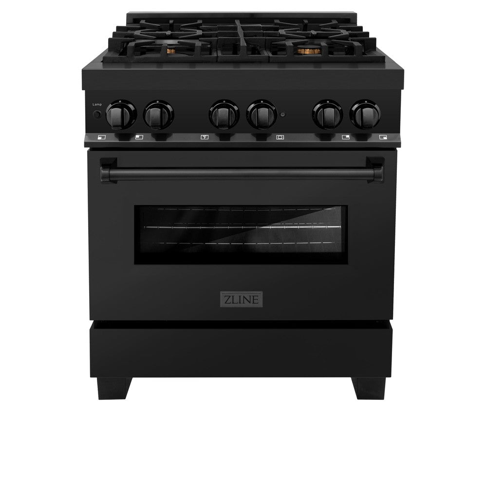 Kitchen Package with Black Stainless Steel Refrigeration, 30" Dual Fuel Range, 30" Range Hood and Microwave Drawer 4KPRRABRH30MW