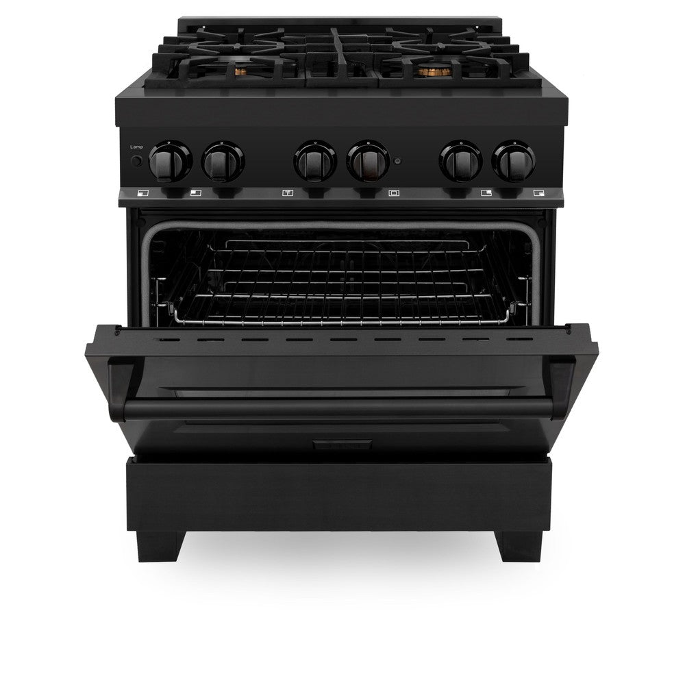 Kitchen Package with Black Stainless Steel Refrigeration, 30" Dual Fuel Range, 30" Range Hood and Microwave Drawer 4KPRRABRH30MW