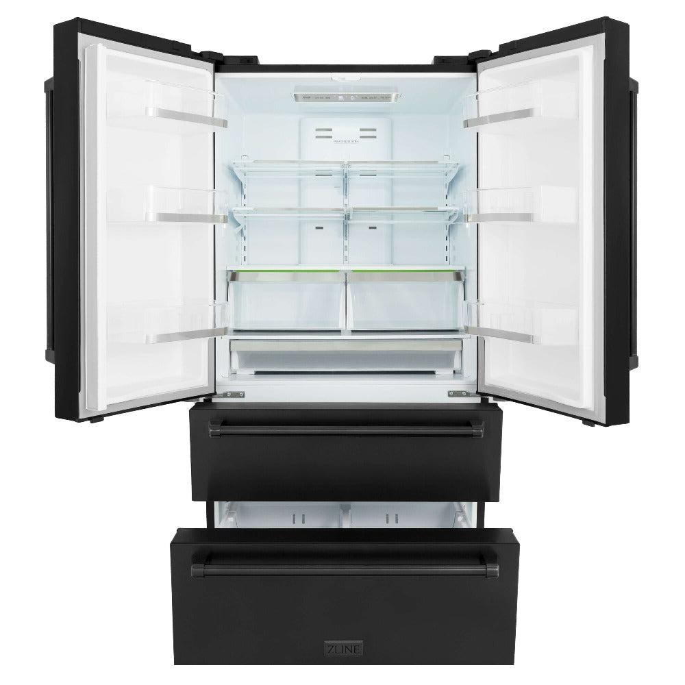 Kitchen Package with Black Stainless Steel Refrigeration, 36" Dual Fuel Range and Microwave Drawer 4KPRRABRH36MW